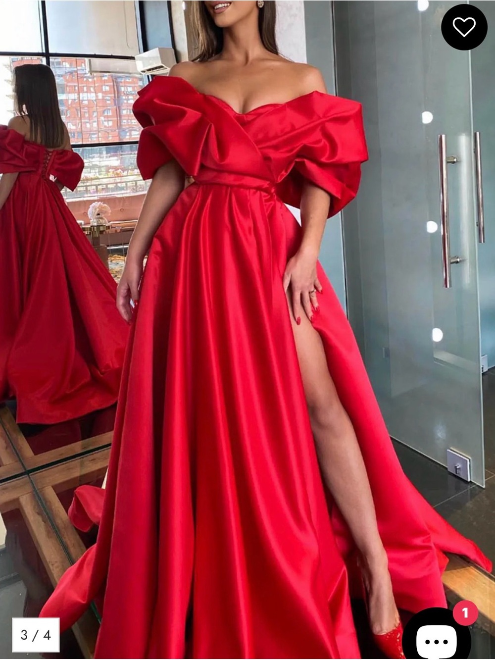 Off-Shoulder Red Satin Ball Gown with Voluminous Sleeve
